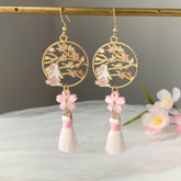 Pink Cherry Blossom Bunny Earrings - Japanese Sakura Tassel Earrings - Pink Cherry Blossom Floral Earrings Dangle